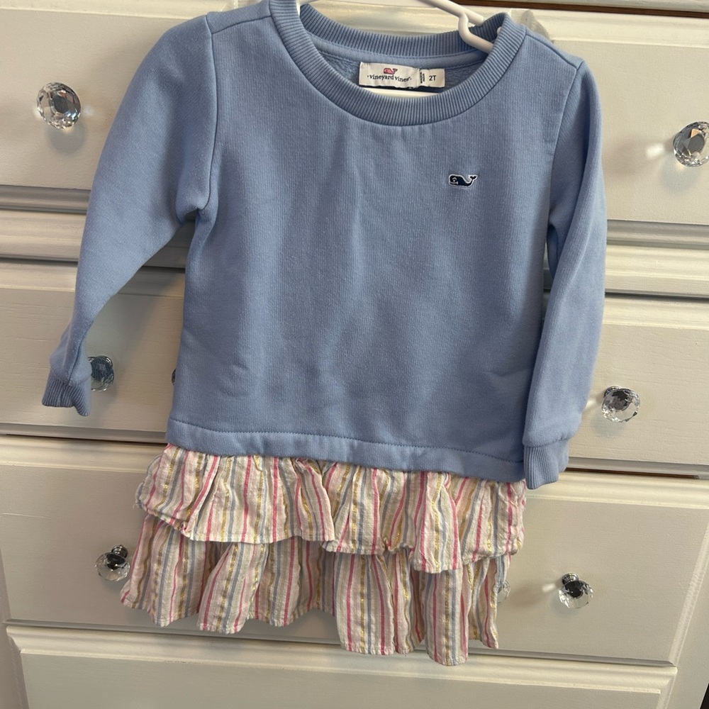 Vineyard Vines Kids Blue Sweatshirt with Pink Striped Ruffles
